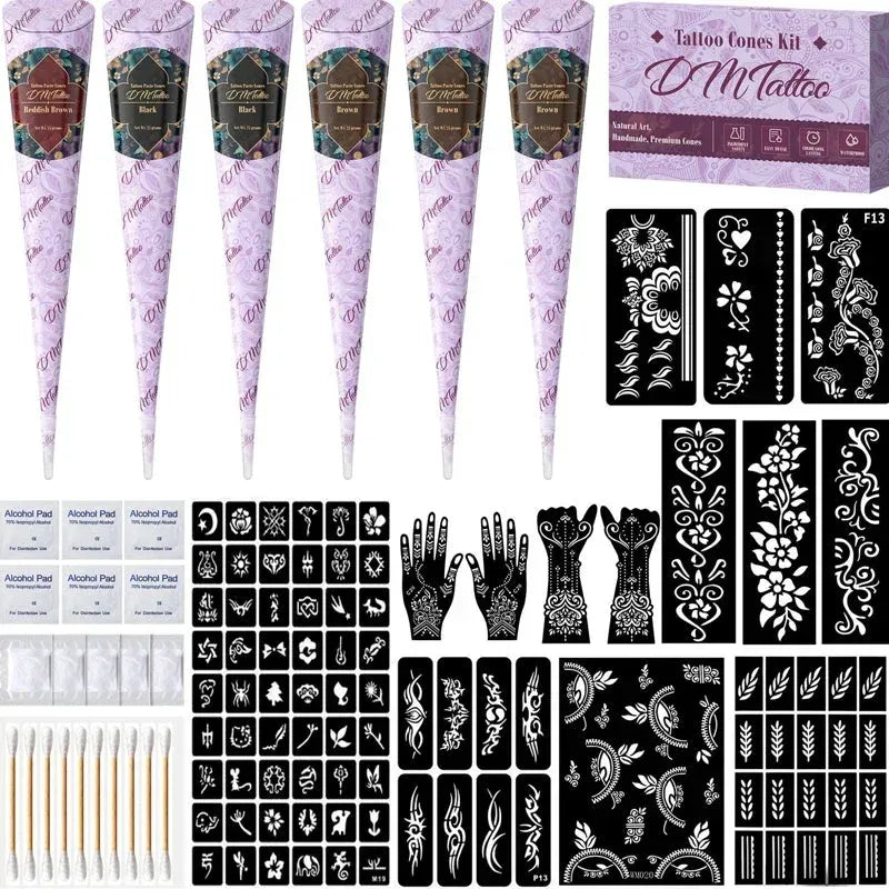 🌸 附模板的指甲花纹身套装 – 适合手部及创意图案的临时纹身膏笔 ✨