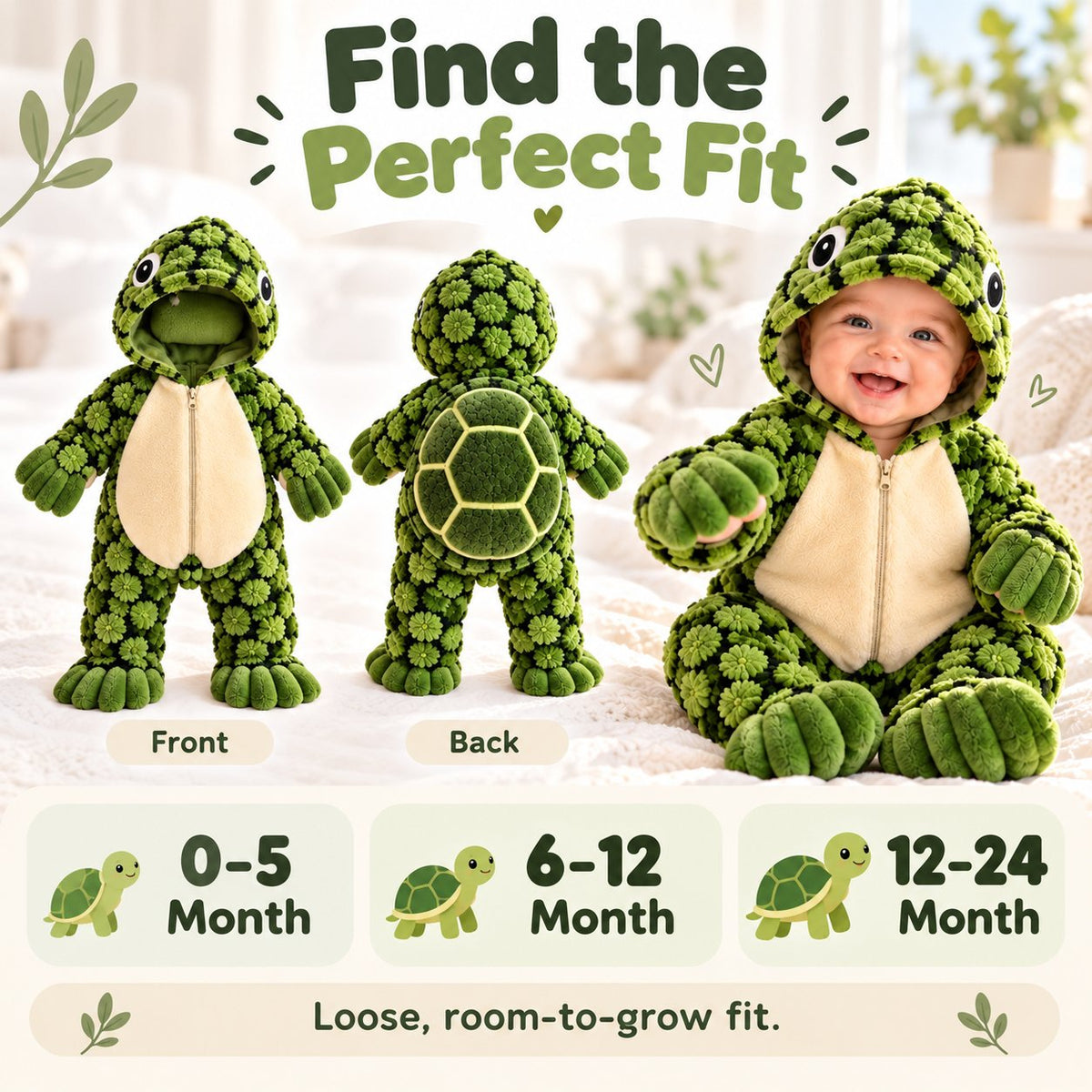 🐢 小海龟毛绒3D背壳婴儿连体衣 – 可爱连帽保暖连体爬服