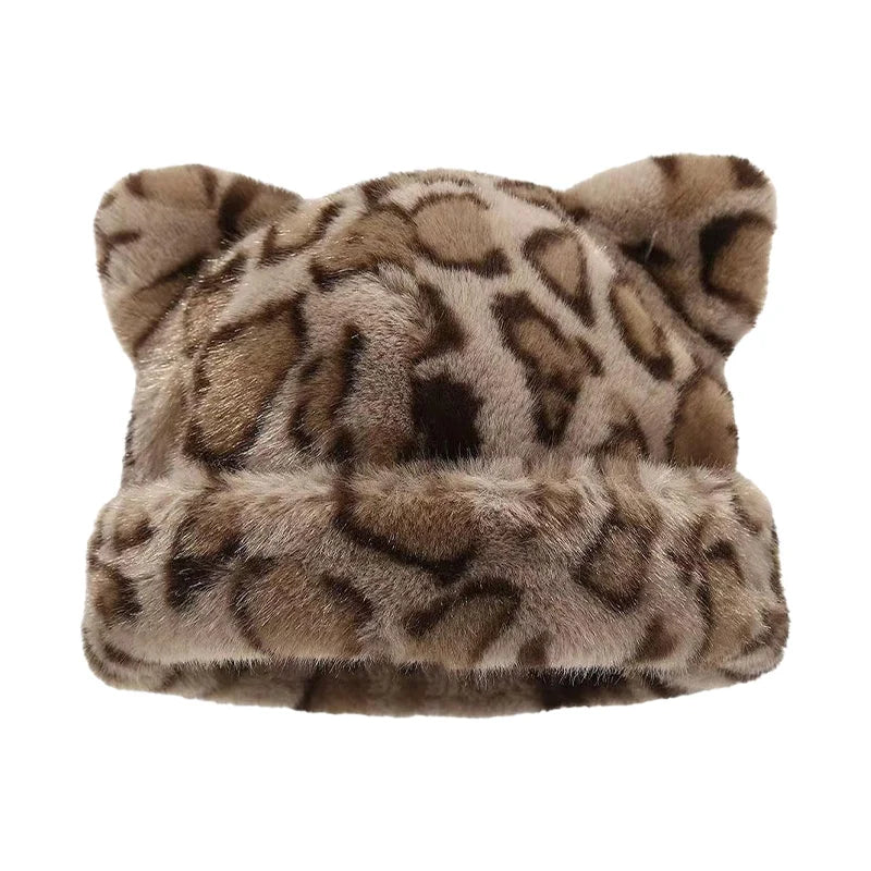 Leopard Print Plush Cat Ear Hat