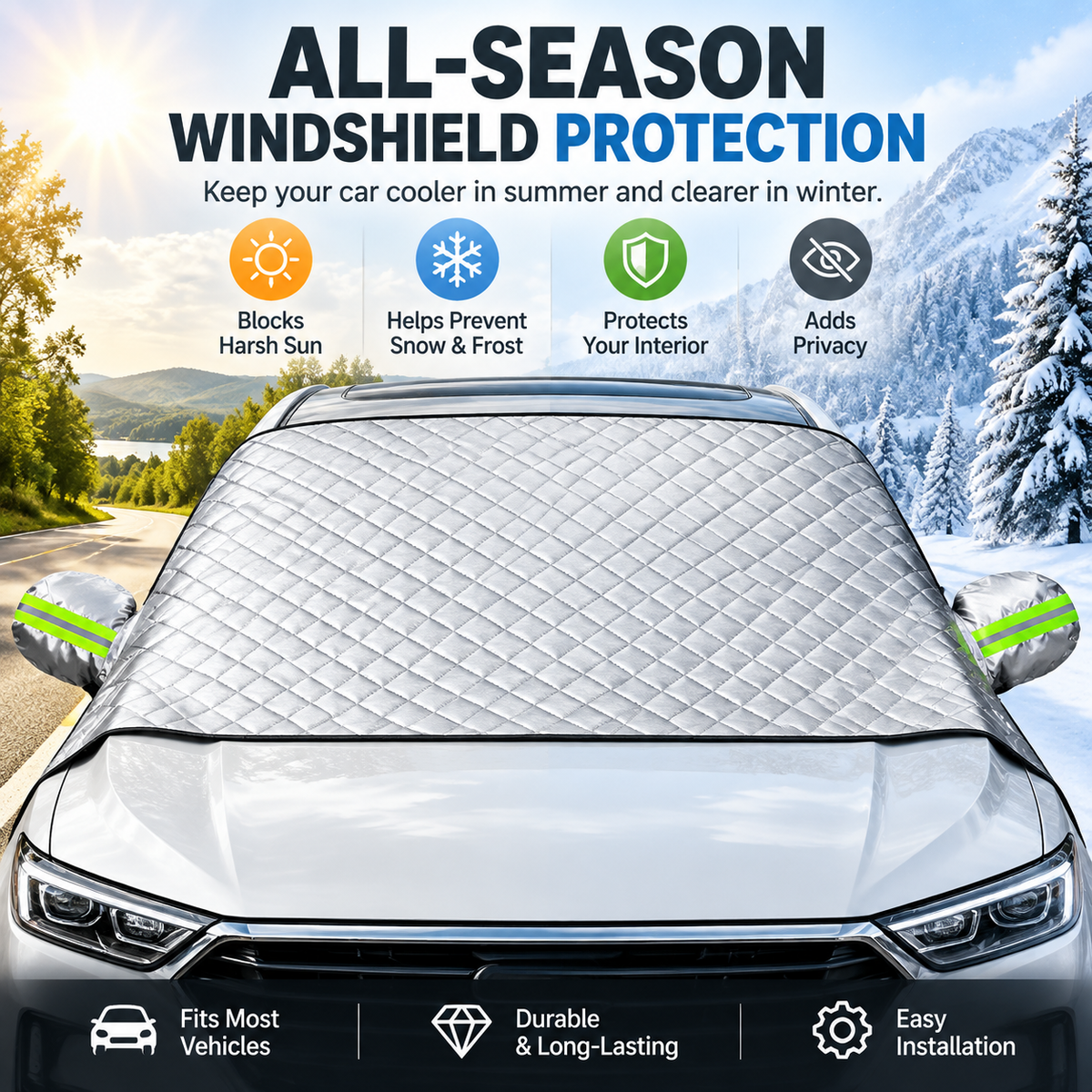 🚗 磁吸挡风玻璃罩 – 全季节防晒、防雪、防霜保护罩，适用于轿车、SUV 和卡车