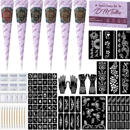 🌸 附模板的指甲花纹身套装 – 适合手部及创意图案的临时纹身膏笔 ✨