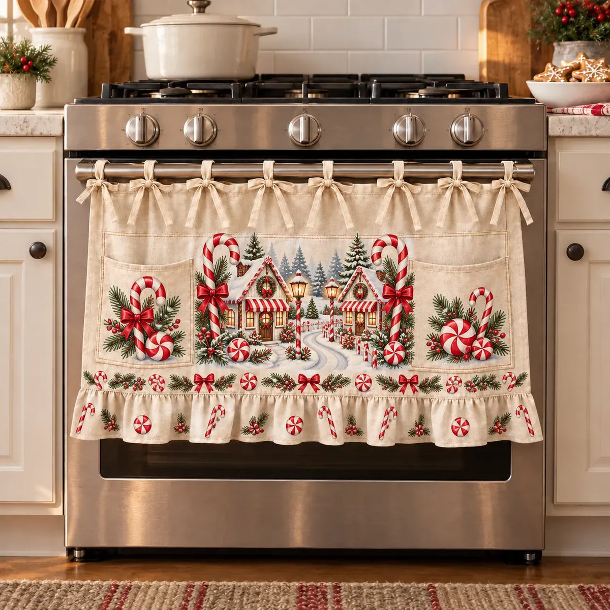 🎄 Christmas Kitchen Tie-On Skirt | Festive Holiday Designs with Pockets & Ruffled Trim ✨