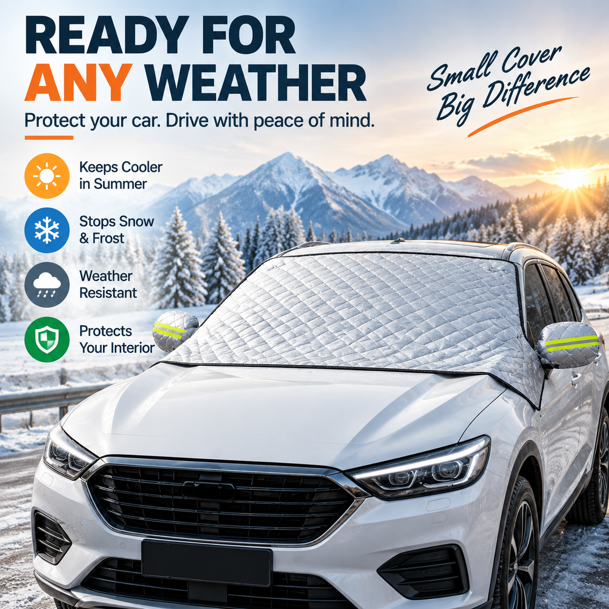 🚗 磁吸式挡风玻璃罩 – 适用于轿车、SUV及卡车的全天候防晒、防雪及防霜保护罩