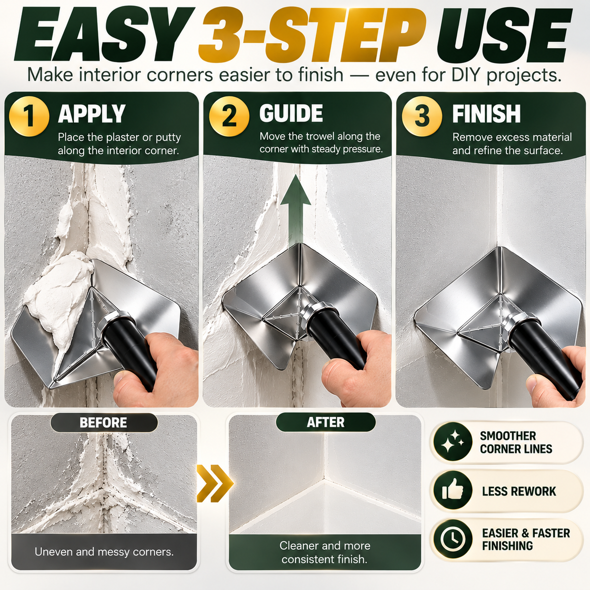 Corner Finishing Trowel – Stainless Steel Plaster & Putty Tool for Interior Wall Corners