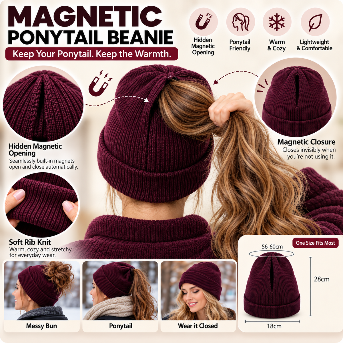 ✨2-in-1-ponytail-beanie-hat-hidden – Hidden Magnetic Closure, No-Zip Winter Knit Hat ❄️