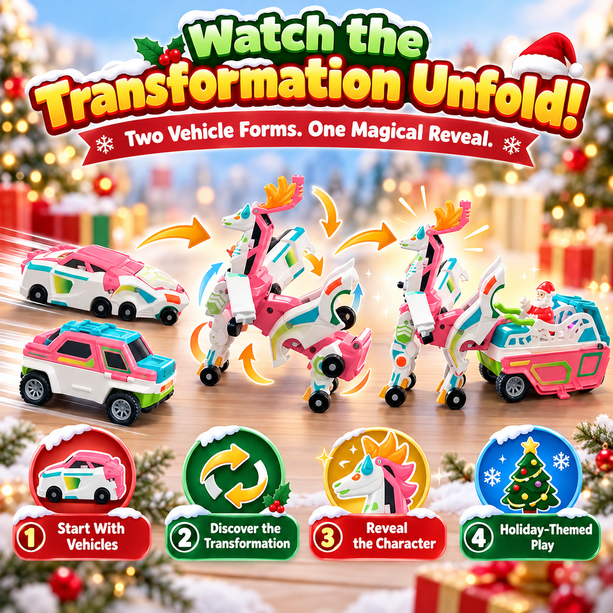 2-in-1 Christmas Transforming Toy | Unicorn and Santa Sleigh, product image 1