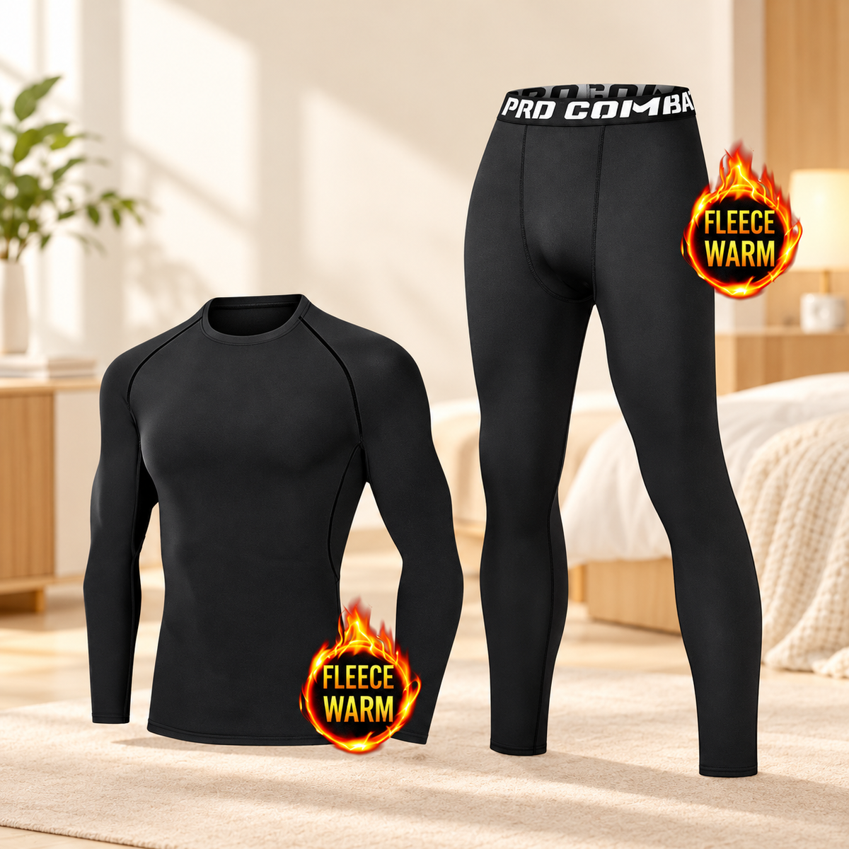 Men's Fleece-Lined Thermal Underwear Set – Warm Stretch Base Layer for Winter & Outdoor Activities