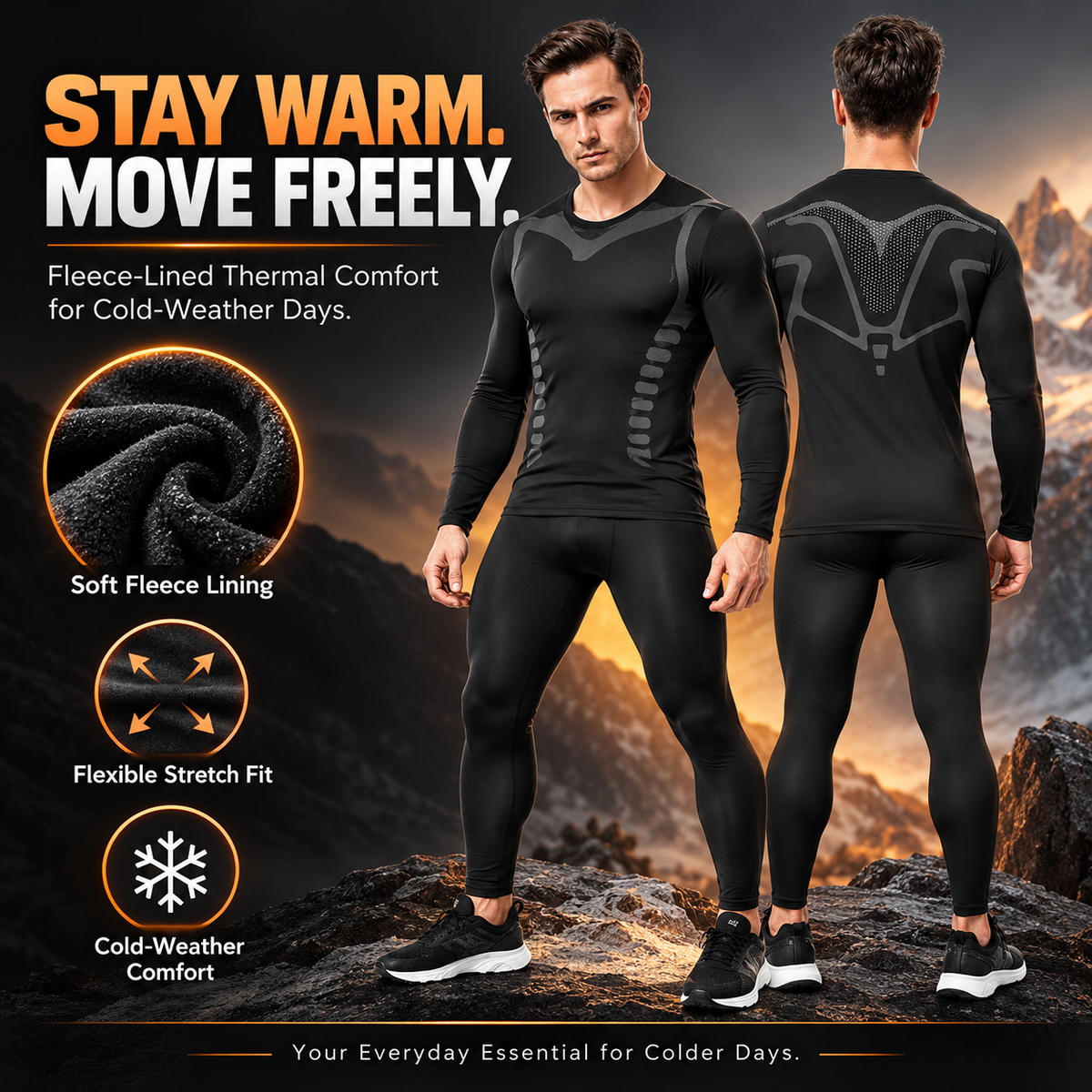 Men's Fleece-Lined Thermal Underwear Set – Warm Stretch Base Layer for Winter & Outdoor Activities