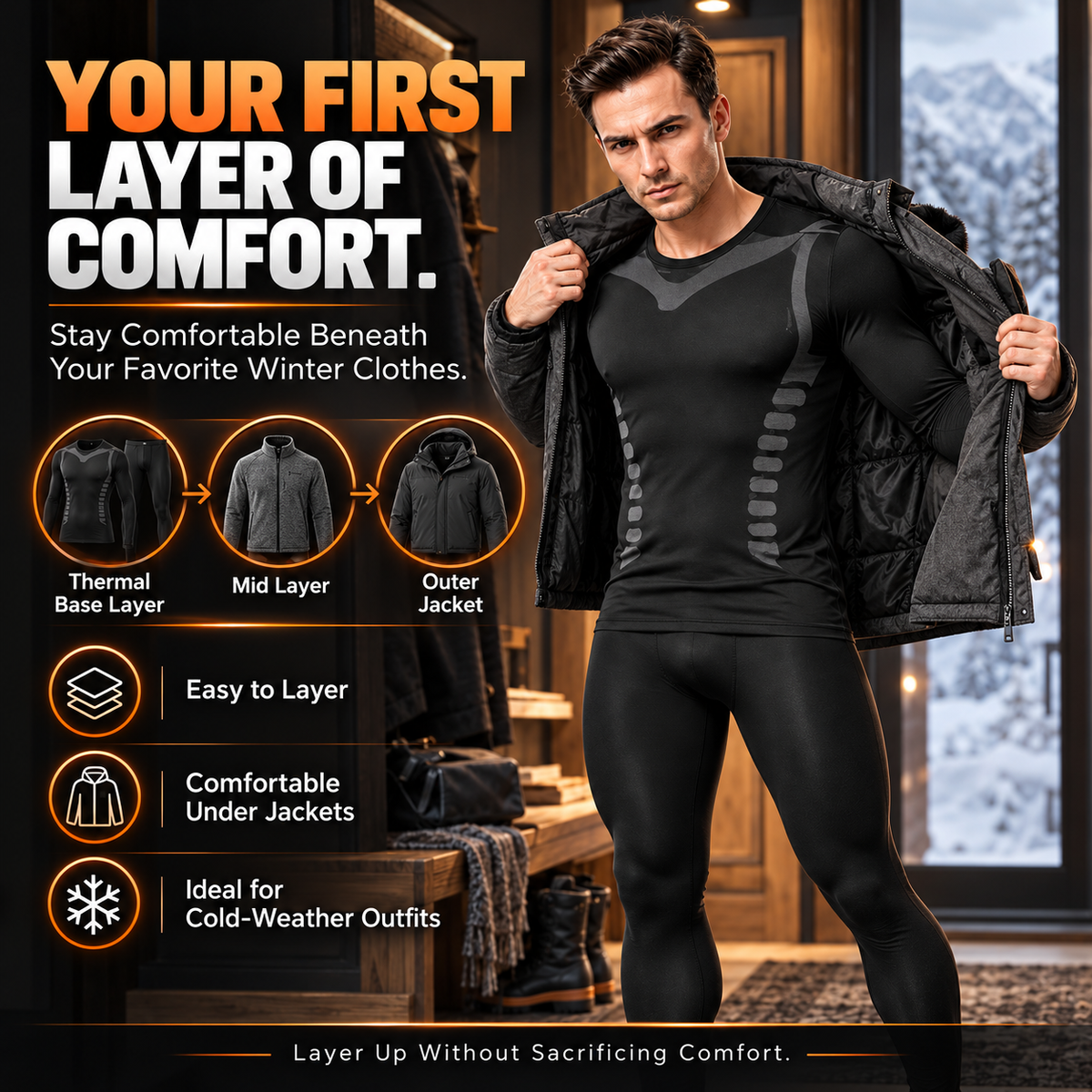 Men's Fleece-Lined Thermal Underwear Set – Warm Stretch Base Layer for Winter & Outdoor Activities