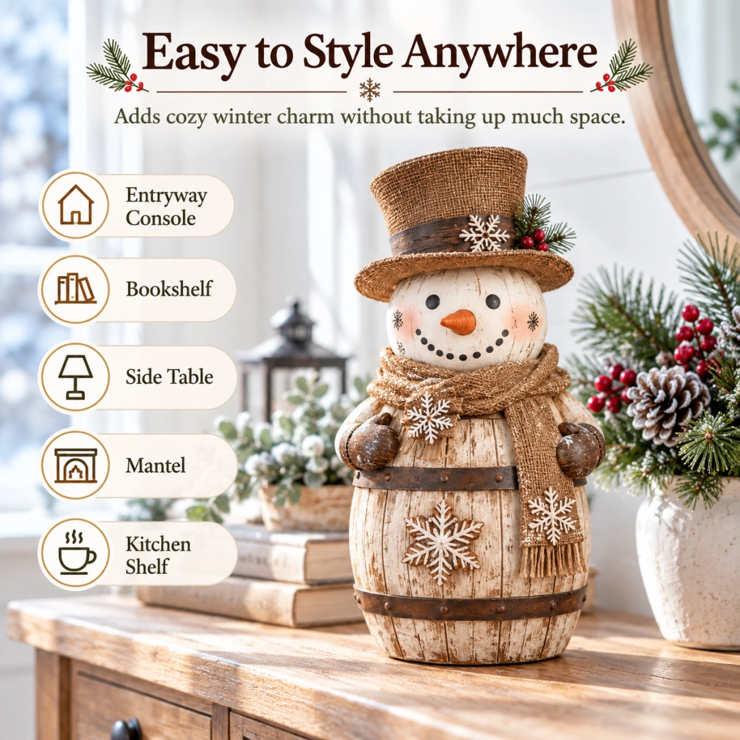 Vintage Whitewashed Barrel Snowman Figurine ⛄🪵 – Rustic Christmas Farmhouse Decor