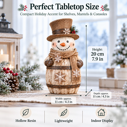 Vintage Whitewashed Barrel Snowman Figurine ⛄🪵 – Rustic Christmas Farmhouse Decor