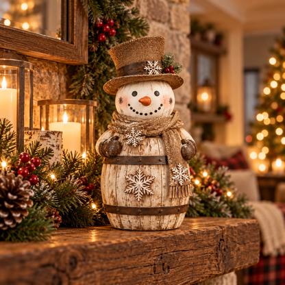 Vintage Whitewashed Barrel Snowman Figurine ⛄🪵 – Rustic Christmas Farmhouse Decor