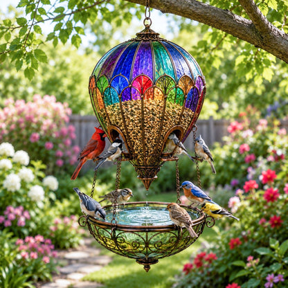 🌈 彩绘玻璃热气球喂鸟器喷泉🐦