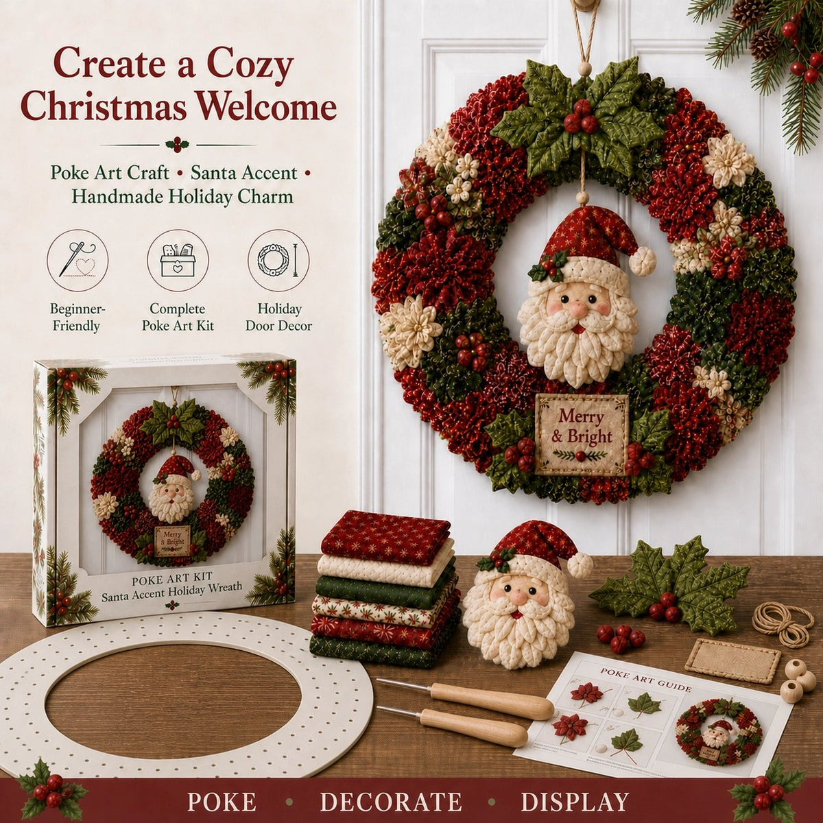 3D Fabric Poke Wreath DIY Kit overview poster — poke, decorate, display steps and full kit contents