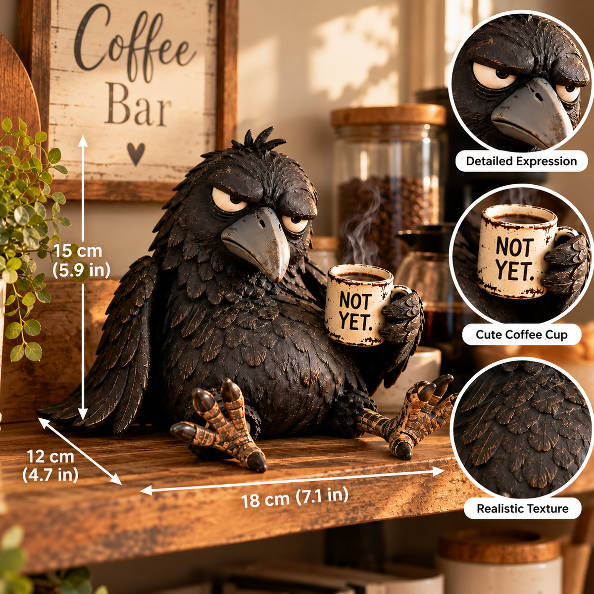 🐦‍⬛☕️暴躁咖啡渡鸦摆件——“还没到时候”趣味晨间装饰✨