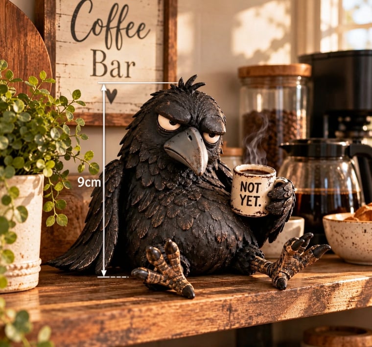 🐦‍⬛☕️暴躁咖啡渡鸦摆件——“还没到时候”趣味晨间装饰✨