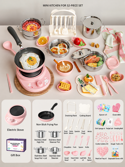 52-Piece Kids’ Mini Real-Cooking Kitchen Set with Electric Stove & Cookware