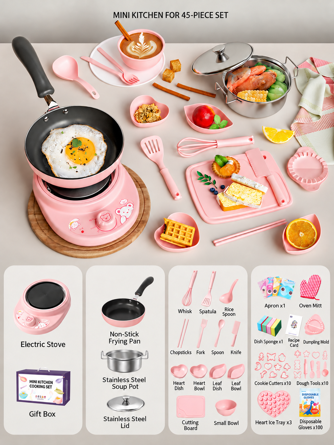 52-Piece Kids’ Mini Real-Cooking Kitchen Set with Electric Stove & Cookware