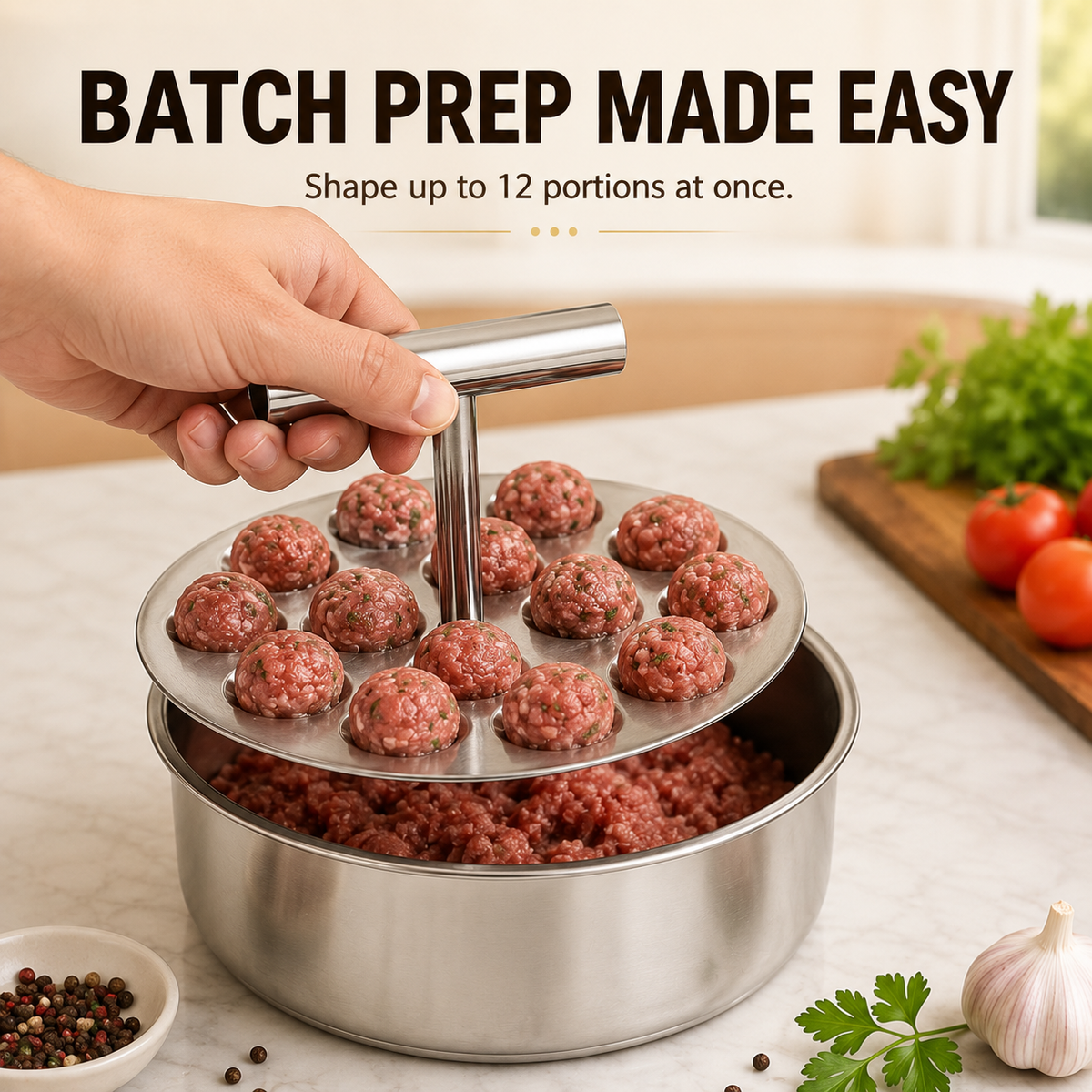 🍲 不锈钢手动肉丸制作器 – 6孔/12孔多份压制模具 ✨