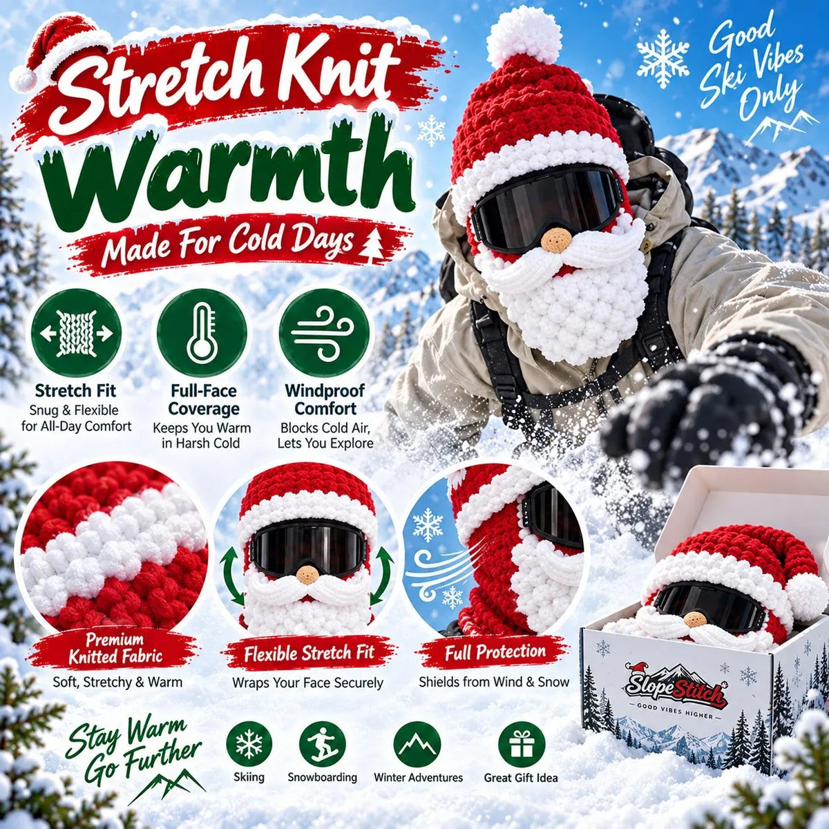 🎅🏂 3D圣诞针织滑雪面罩 | 🌬️保暖全脸罩，3款节日款式，适合滑雪之旅、派对和冬季探险