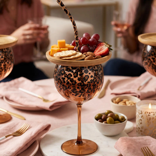 🍷 Leopard Print Wine Glass Set – Bamboo Snack Topper & Glass Straw