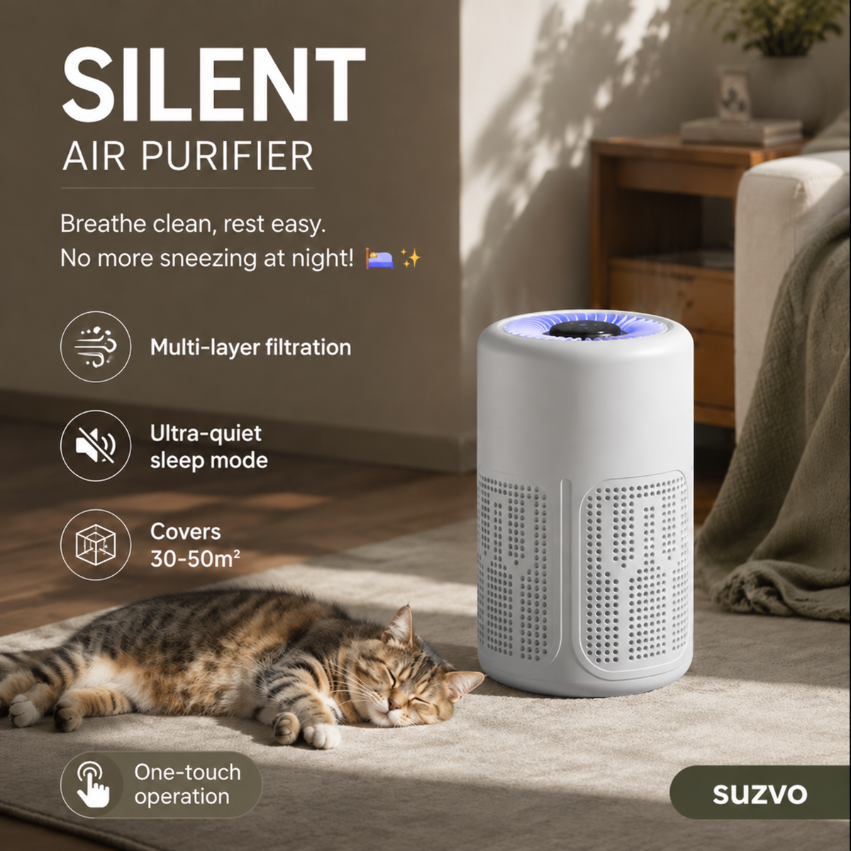 🥳 静音空气净化器——多重过滤，超静音睡眠模式。适用面积30-50m²，一键操作。呼吸清新空气，安心畅睡。告别夜间打喷嚏！🛌✨