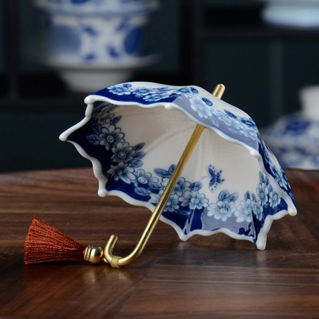 ☂️ 蓝白雨伞造型茶滤 | 陶瓷茶滤套装