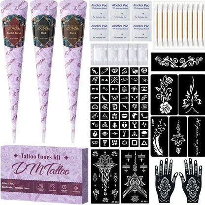 🌸 附模板的指甲花纹身套装 – 适合手部及创意图案的临时纹身膏笔 ✨
