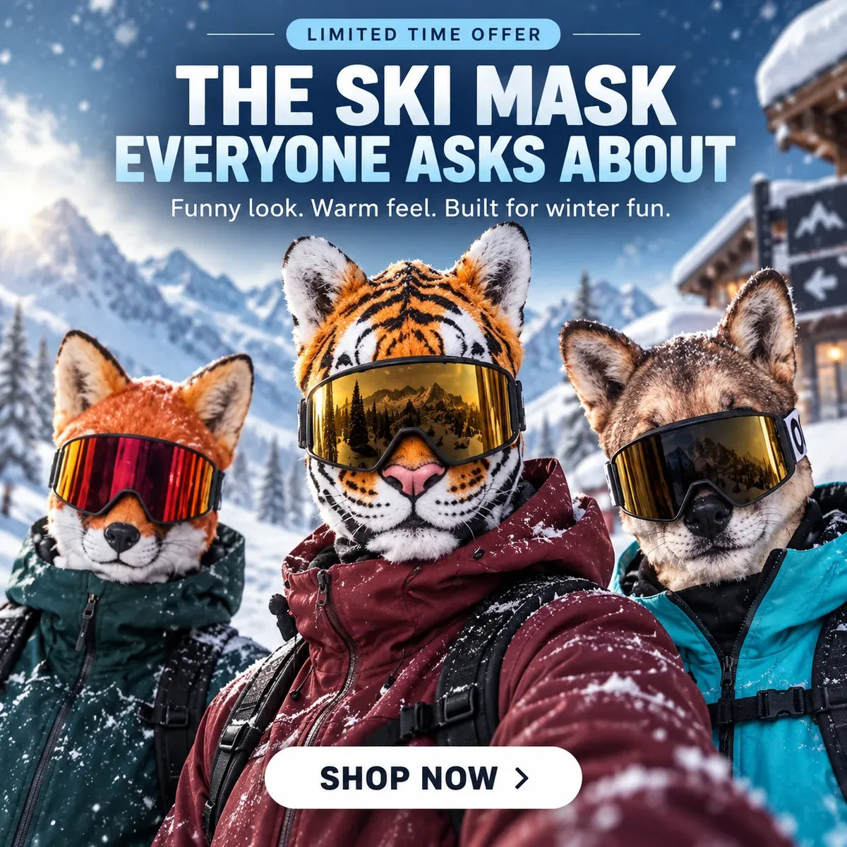 ⏳ 49% OFF – 🦊 搞笑动物脸滑雪面罩 | 每个人都会问起的最搞笑冬季护面面罩