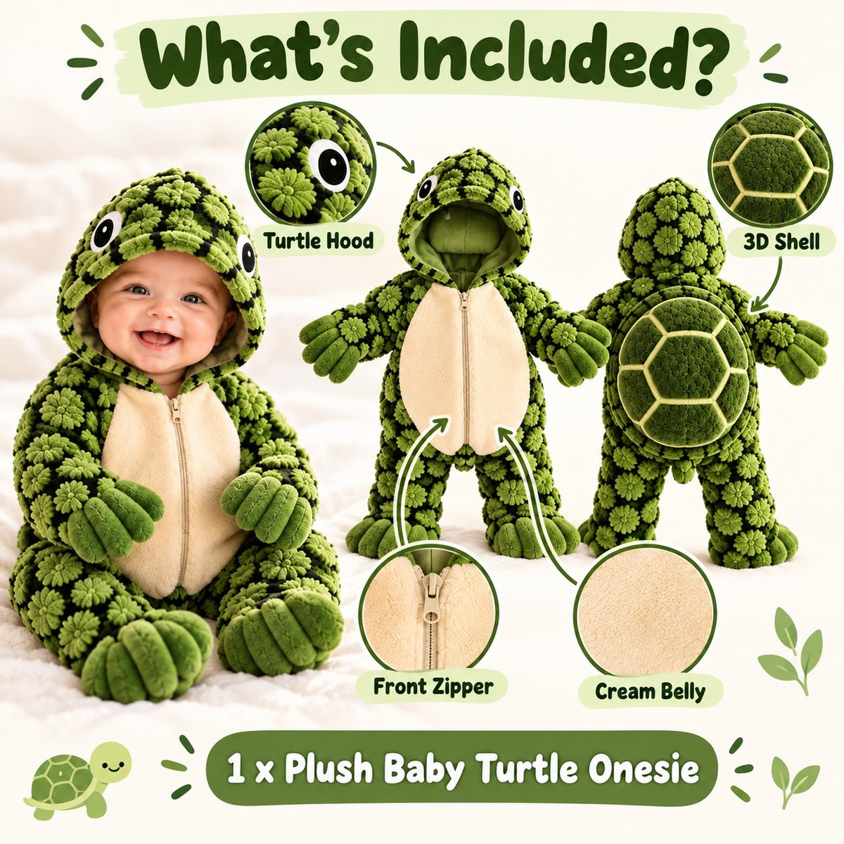 🐢 小海龟毛绒3D背壳婴儿连体衣 – 可爱连帽保暖连体爬服