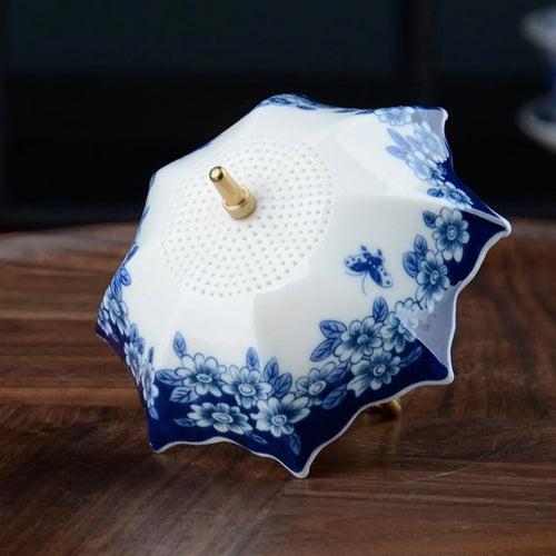 ☂️ 蓝白雨伞造型茶滤 | 陶瓷茶滤套装