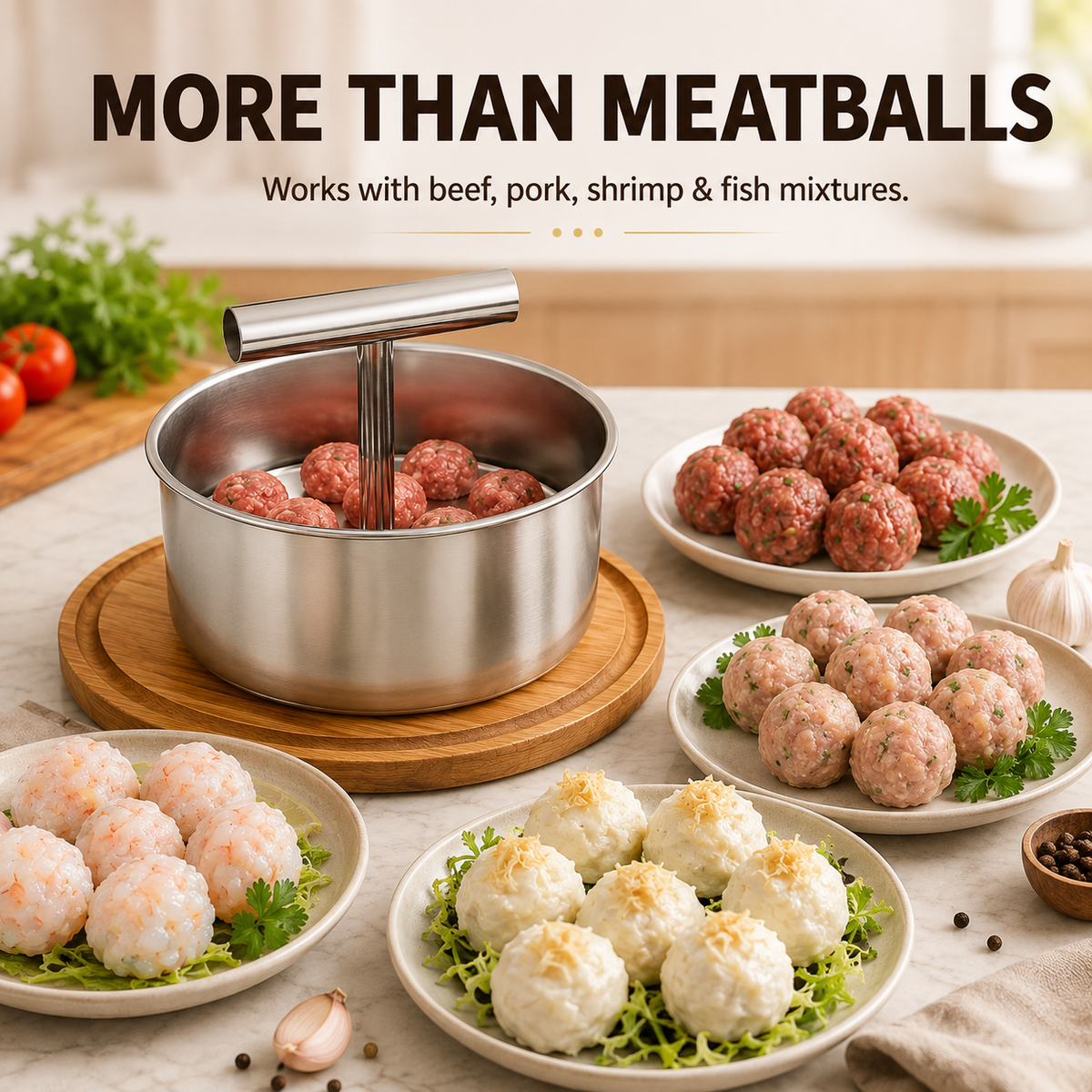🍲 不锈钢手动肉丸制作器 – 6孔/12孔多份压制模具 ✨
