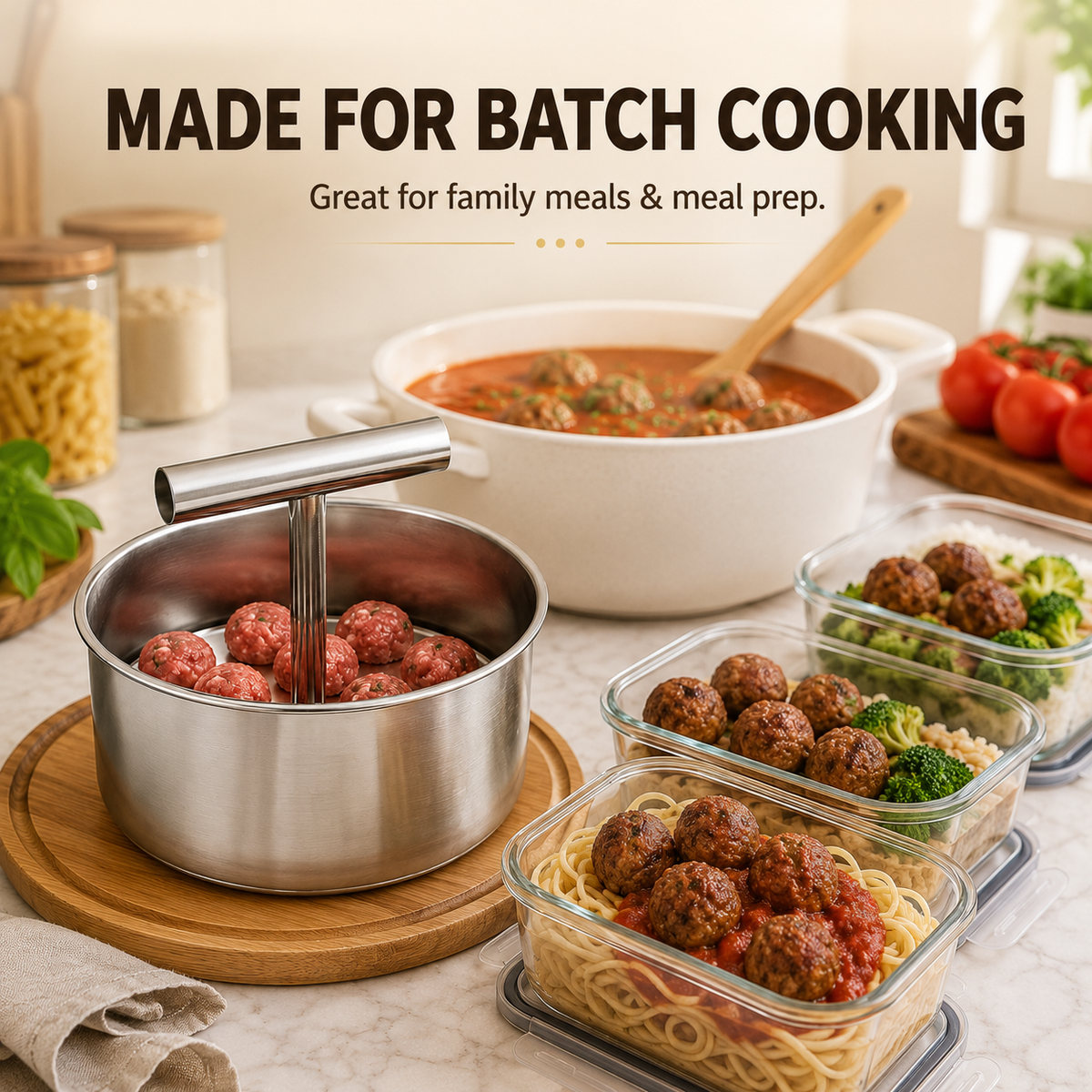 🍲 不锈钢手动肉丸制作器 – 6孔/12孔多份压制模具 ✨