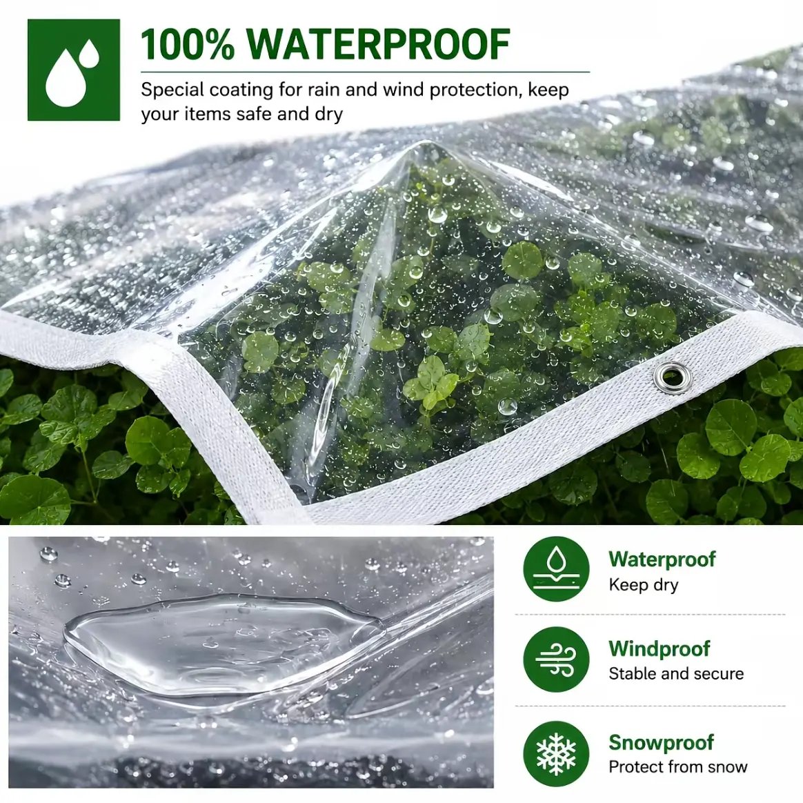🌧️ 重型透明防水布帘 – 带加固扣眼的耐用户外罩布 💪