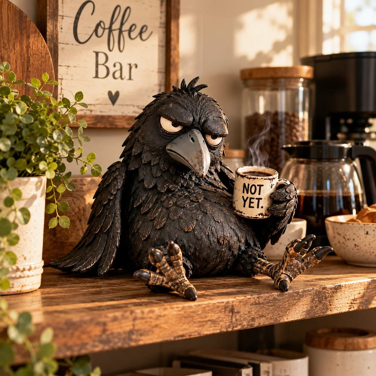 🐦‍⬛☕️暴躁咖啡渡鸦摆件——“还没到时候”趣味晨间装饰✨