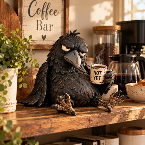 🐦‍⬛☕️暴躁咖啡渡鸦摆件——“还没到时候”趣味晨间装饰✨
