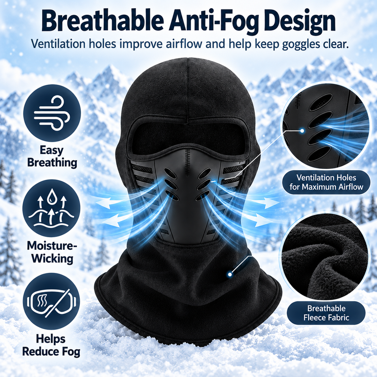 保暖全脸滑雪头套——带3D透气口鼻罩的抓绒冬季护脸面罩，适用于滑雪、骑行及户外运动