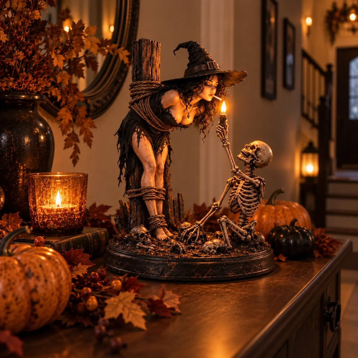 🧙💀Witch and Skeleton Candle Figure – Dark, Gothic Halloween Table Decoration🔥