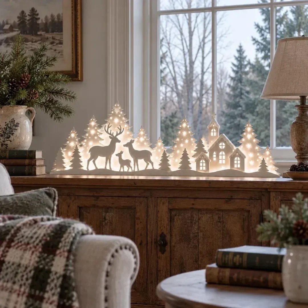 🦌 LED Christmas village with deer for the windowsill