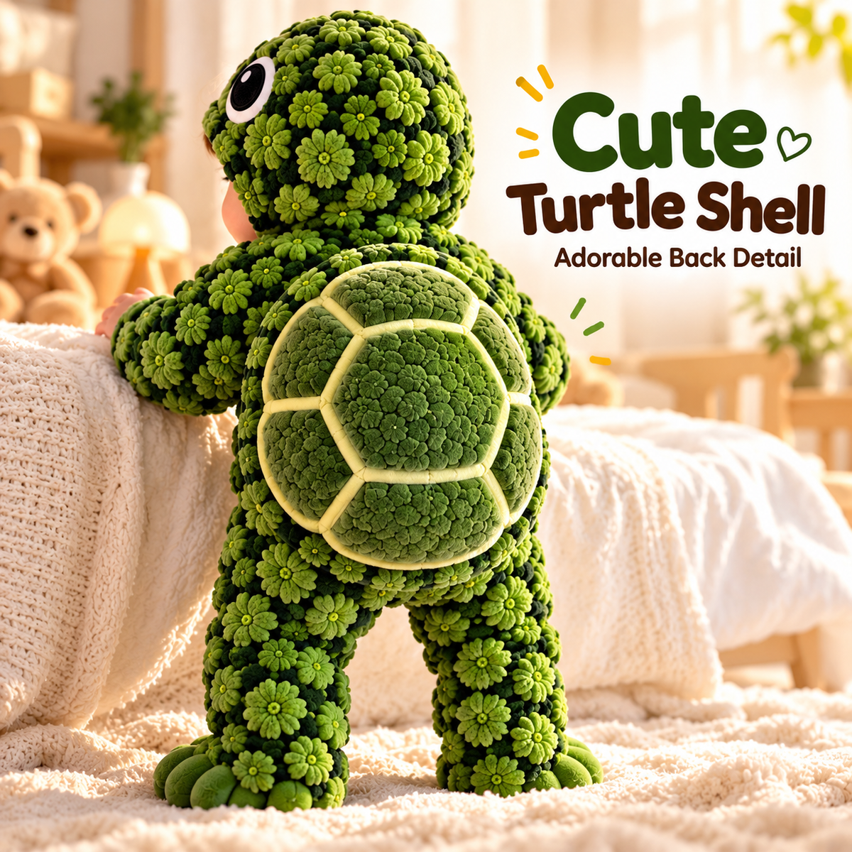 🐢 小海龟毛绒3D背壳婴儿连体衣 – 可爱连帽保暖连体爬服