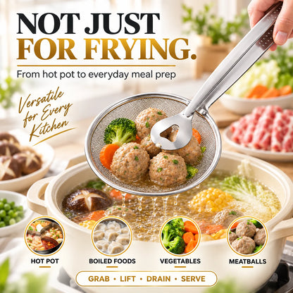 2-in-1 Spider Strainer Tongs – Stainless Steel Frying & Draining Tool