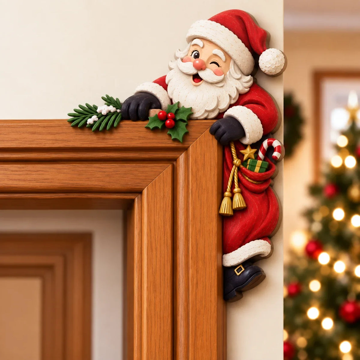 🎄 Lifelike 3D Visual Illusion Christmas Peekaboo Door Frame Decor | Create a Magical Holiday Entrance