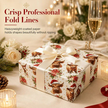 Christmas Highland Cow and Floral Gift Wrapping Paper Roll 43x500cm Holiday Present Wrap