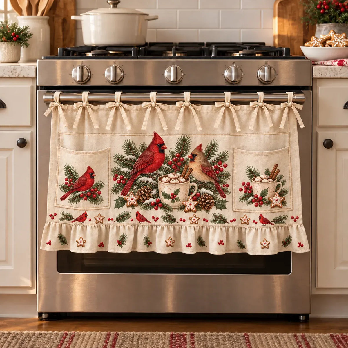 🎄 Christmas Kitchen Tie-On Skirt | Festive Holiday Designs with Pockets & Ruffled Trim ✨