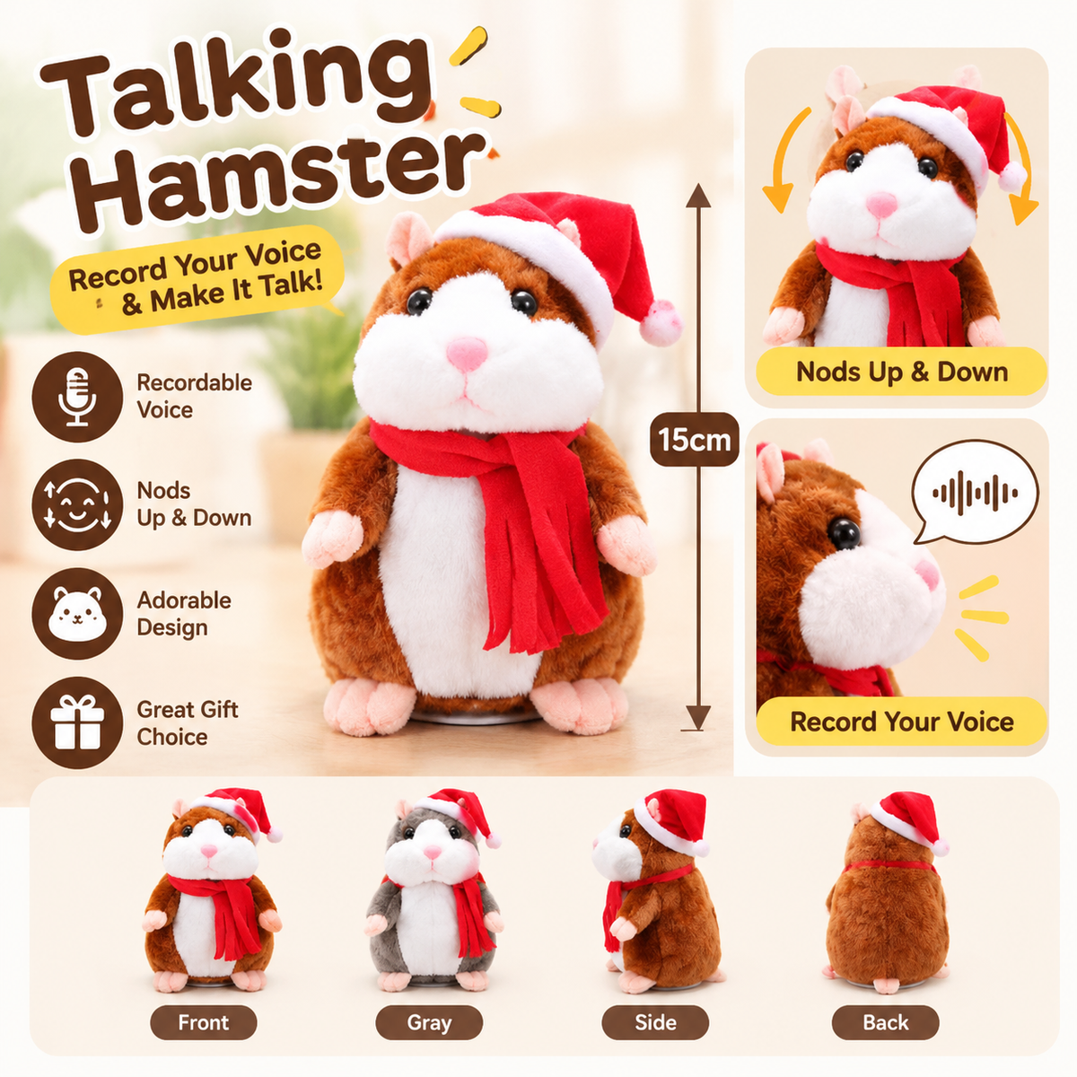 🐹 Last Day Special Price £15！✨Talking Hamster Plush – repeats whatever you say, auto head-shaking, hilarious fun for kids & adults.🎁