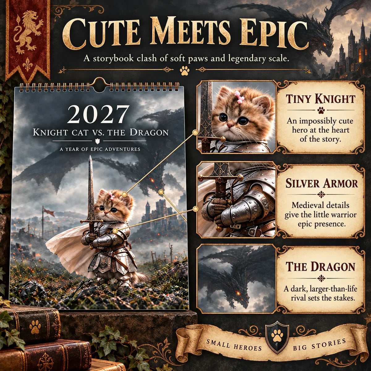 🐱 2027 Knight Cat vs. The Dragon Wall Calendar | 12 Fantasy Scenes
