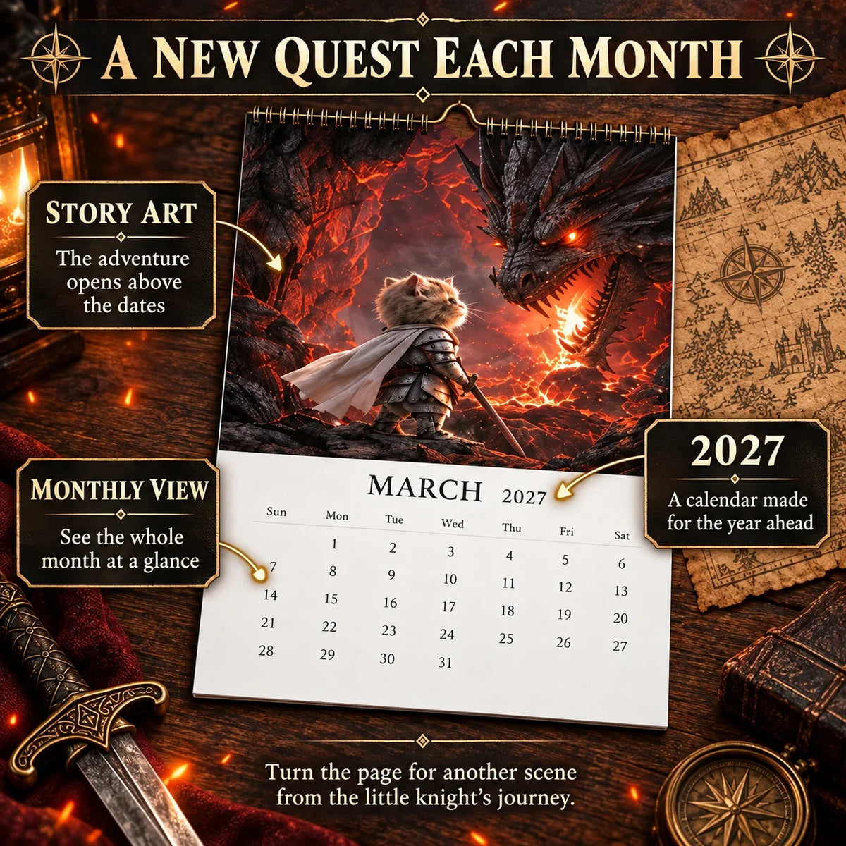 🐱 2027 Knight Cat vs. The Dragon Wall Calendar | 12 Fantasy Scenes