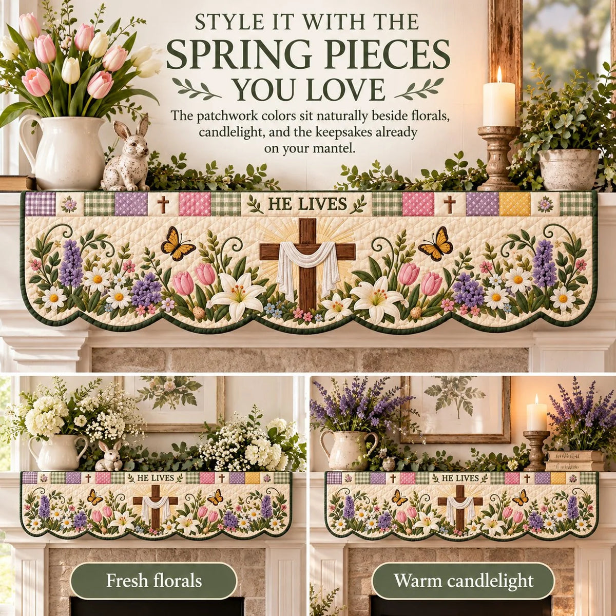 ⏳ Last Day 50% OFF – ✝️ Easter Faith Quilted Mantel Scarf | Patchwork Christian Fireplace Décor for Spring & Easter 🌷