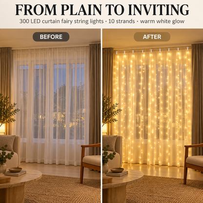 300 LED Curtain Lights – 9.8FT × 9.8FT, 8 Modes, Remote Controlled