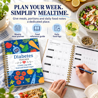 📘 Diabetes Tracker Book with Food Guide & Meal Planner ✨